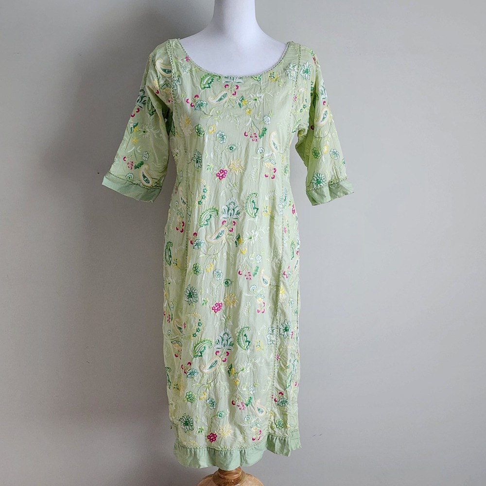 Embroidered Kurta Tunic Dress Womens Medium Pastel Green Paisley Floral Picnic
